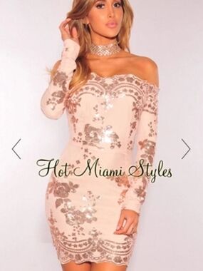 Hot Miami Styles Off-Shoulder Sequin Floral Long Sleeve Bodycon Dress S